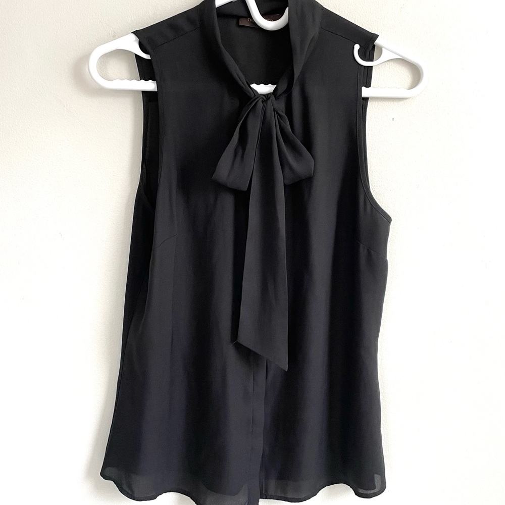 BLACK SHEER SLEEVELESS BLOUSE BUTTON FRONT OPEN FIT NECK BOW THE LIMITED